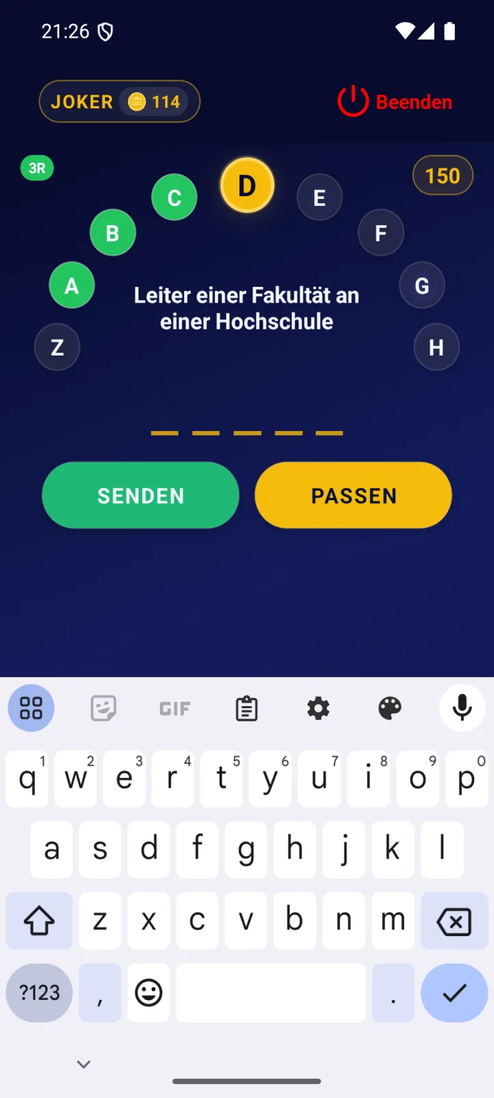 Das Buchstabenrad mitten in der Runde: richtige, falsche und übersprungene Buchstaben