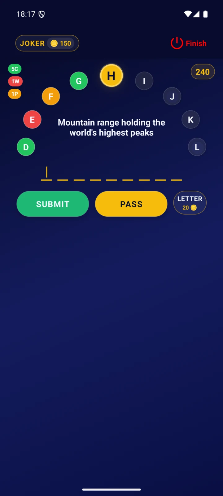 The letter wheel mid-round: correct, wrong and passed letters