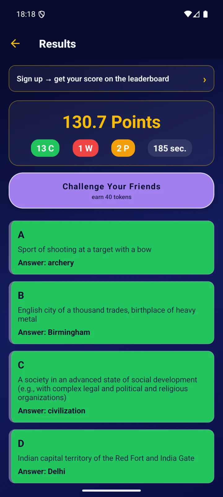 Results screen listing every clue and its answer