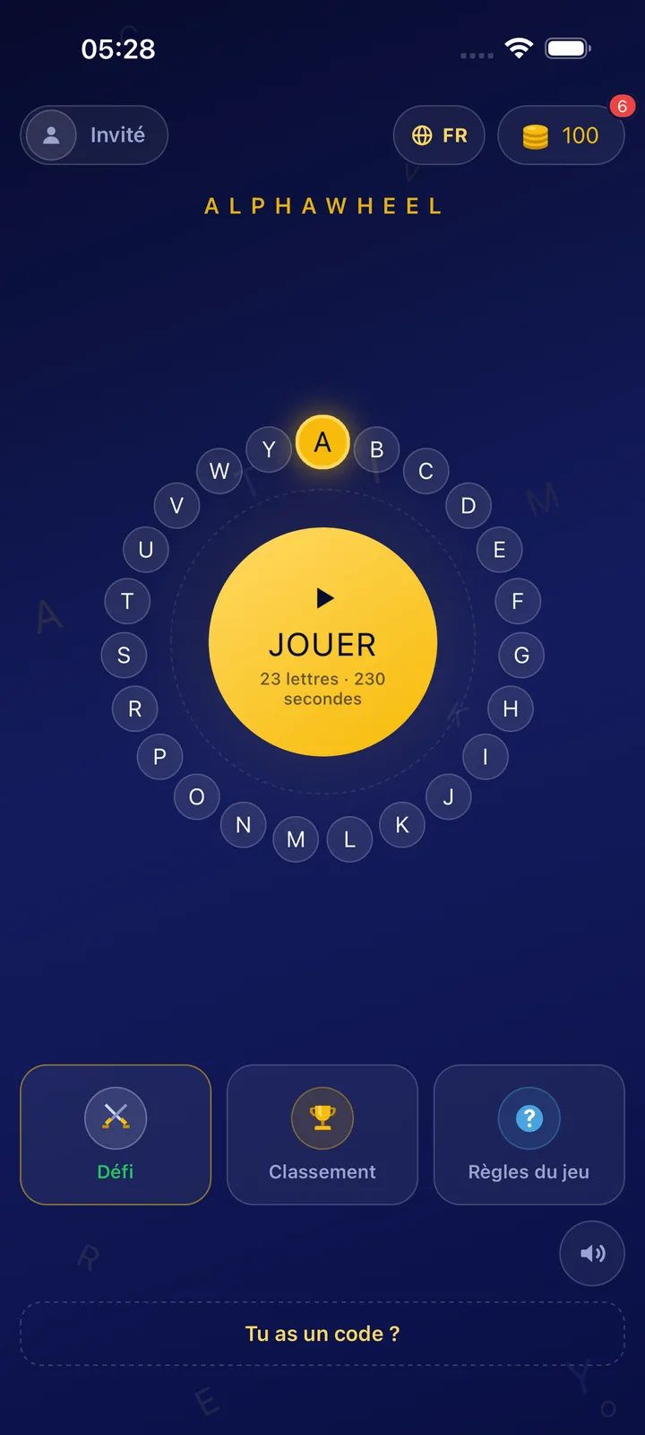 Écran d'accueil avec le bouton Jouer