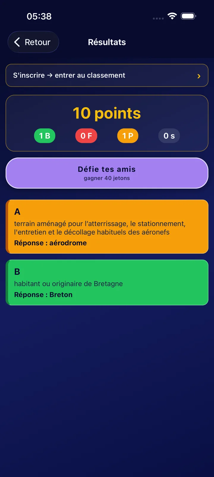 Écran des résultats avec chaque indice et sa réponse