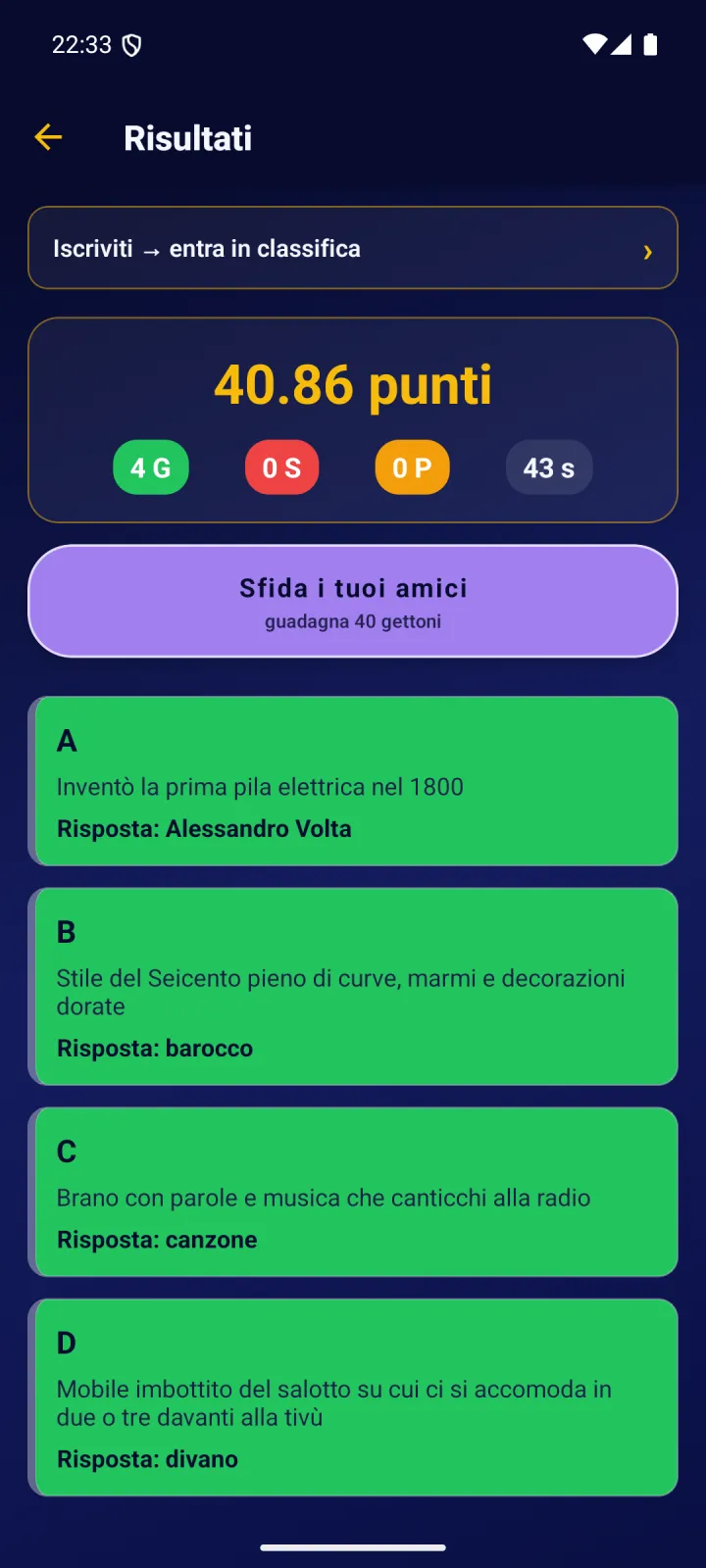 Schermata dei risultati con ogni indizio e la sua risposta