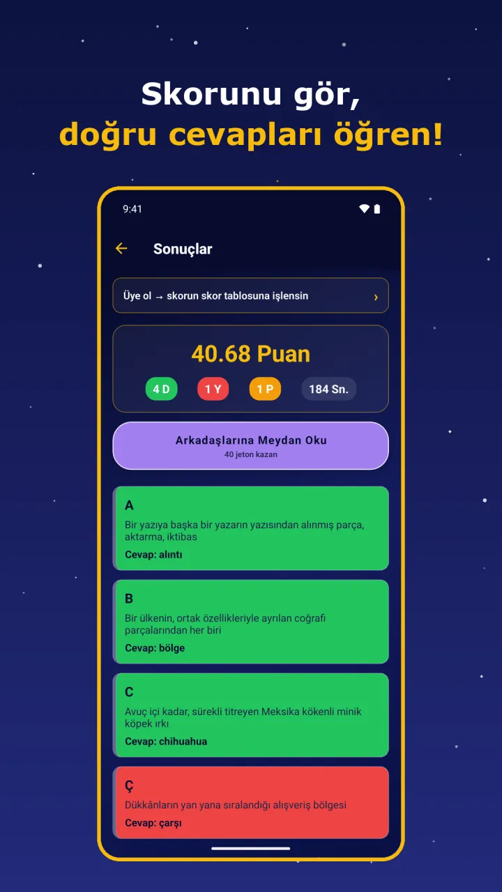 Sonuç ekranı ve doğru cevaplar